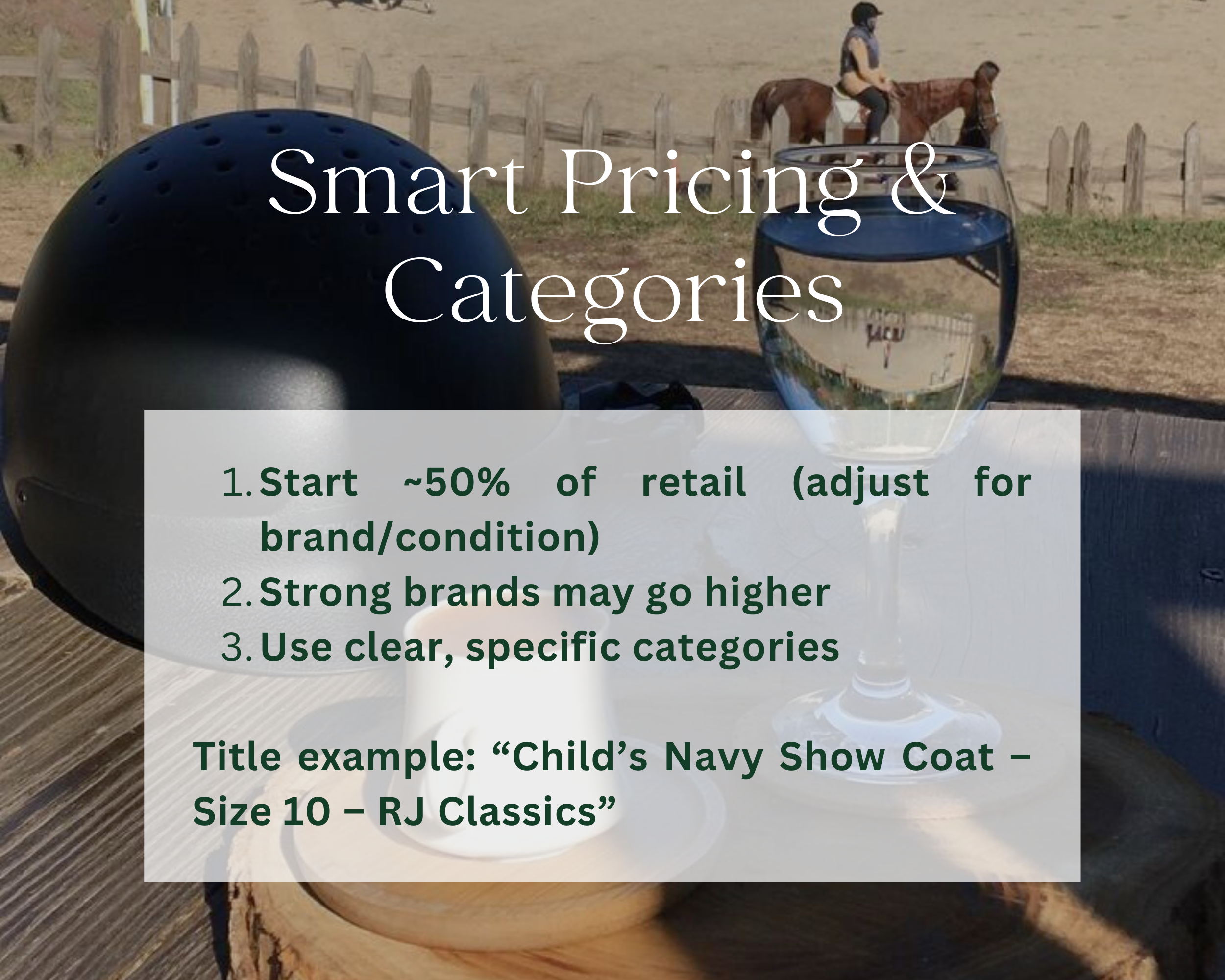 Equestrian helmet on wooden table with pricing and category listing tips for selling secondhand riding gear.