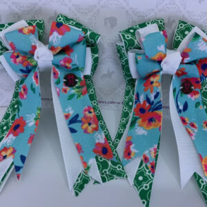 PonyTail Bows- Blue Floral On Green Motifs