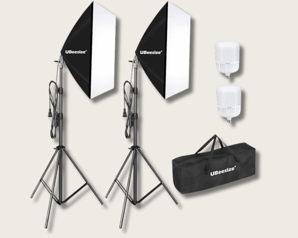 Portable softbox lighting kit with stands and bulbs for photographing equestrian apparel and gear indoors