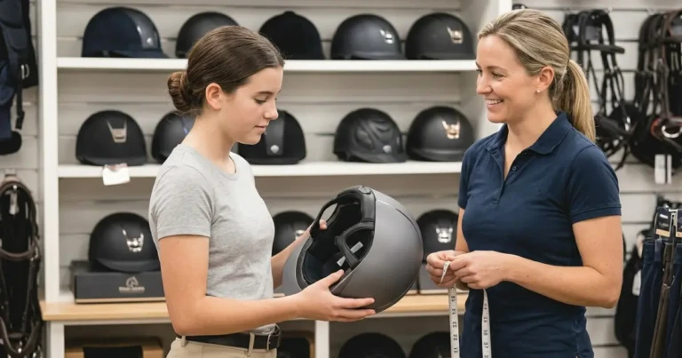 Trained fitter checking the fit of a horse riding helmet on a rider in a tack shop