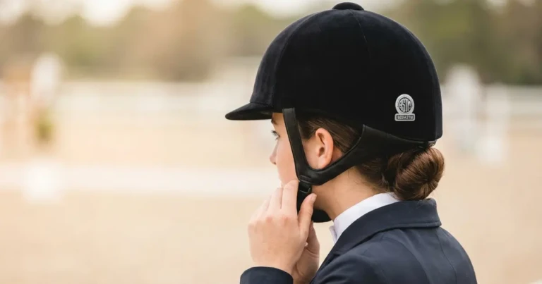 Rider wearing a certified horse riding helmet while schooling a horse in an outdoor arena