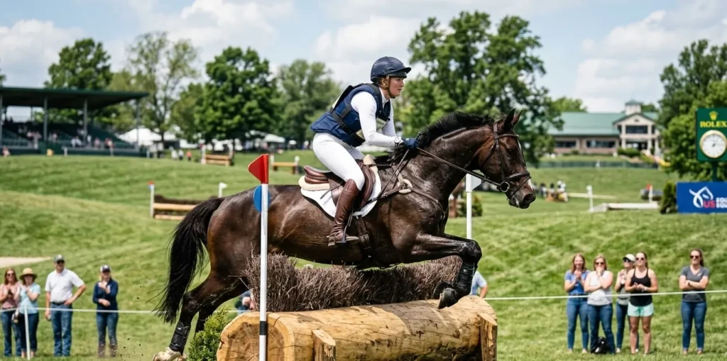 Horse and rider jumping cross-country obstacle during the Kentucky Three-Day Event at Kentucky Horse Park