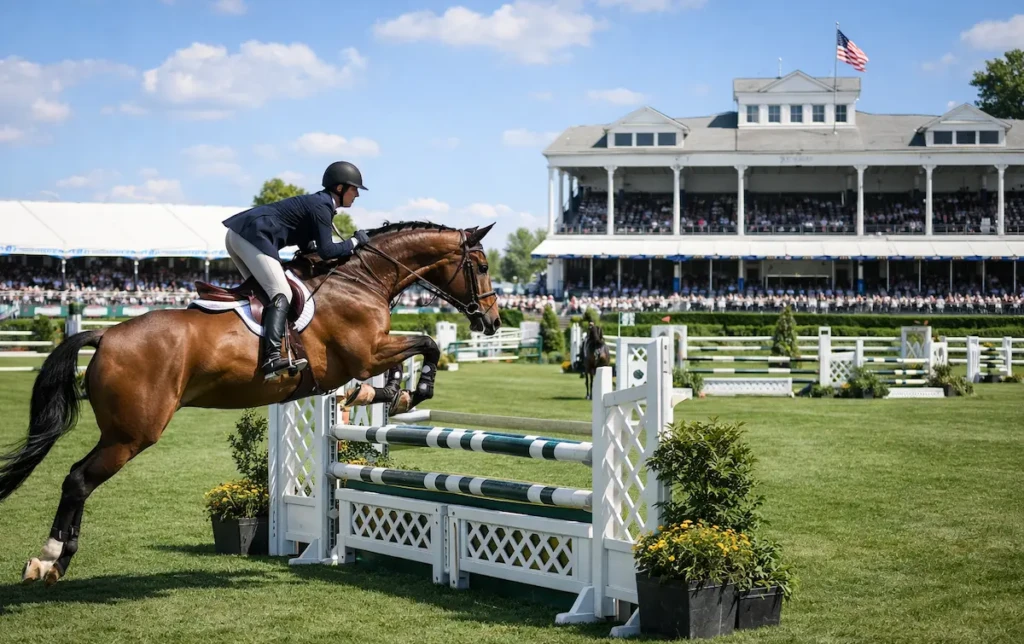 Hunter jumper competition at a classic American outdoor horse show arena with white fences and grandstands