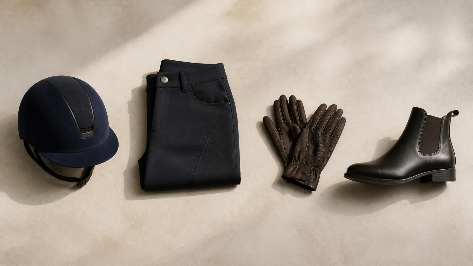 Flat lay of beginner riding kit for a first horseback riding lesson: navy helmet, folded dark trousers, brown gloves and an ankle boot with a small heel
