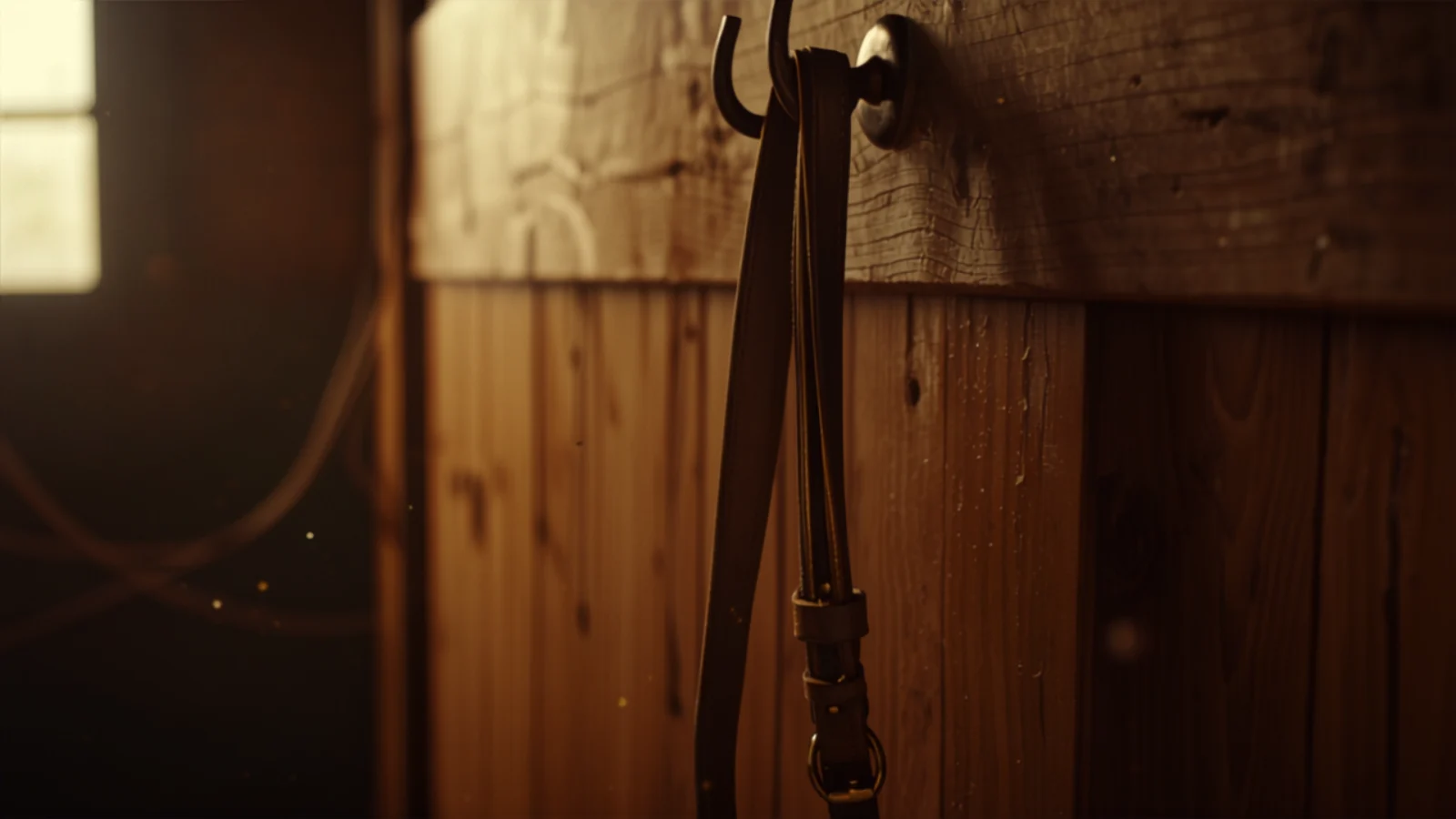 A leather bridle hanging in a sunlit tack room, illustrating equestrian tack terms