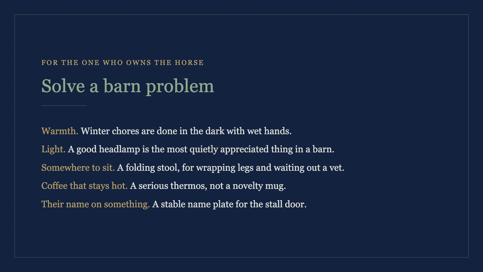Barn gift ideas for someone who owns a horse, including warmth, light and a stable name plate
