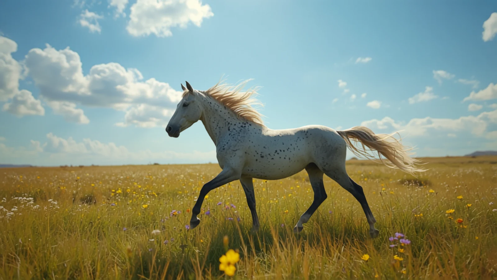 A dapple grey horse trotting across a summer field, illustrating the trot gait