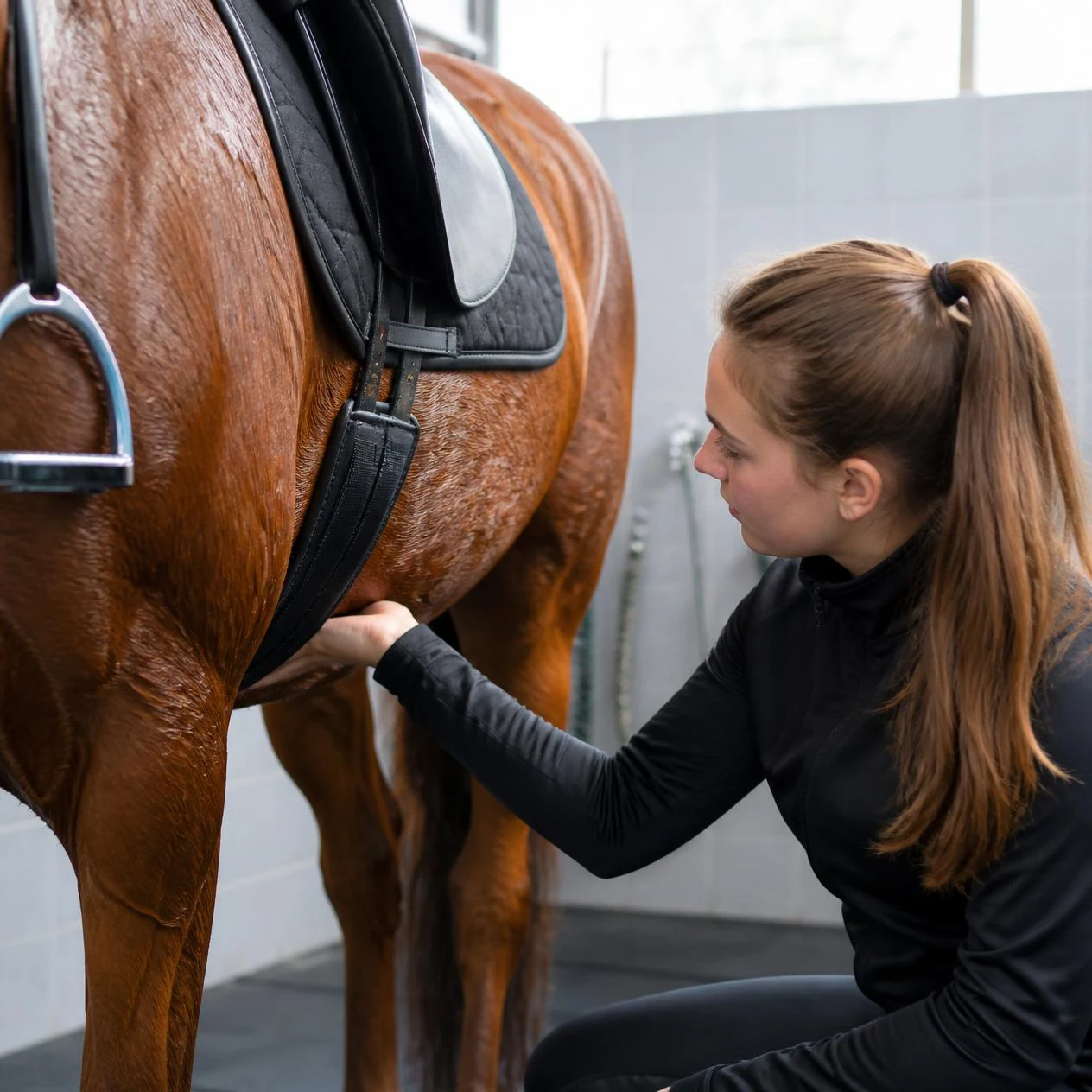 Rider sliding a flat hand under the girth of a chestnut horse to check it is correctly tightened
