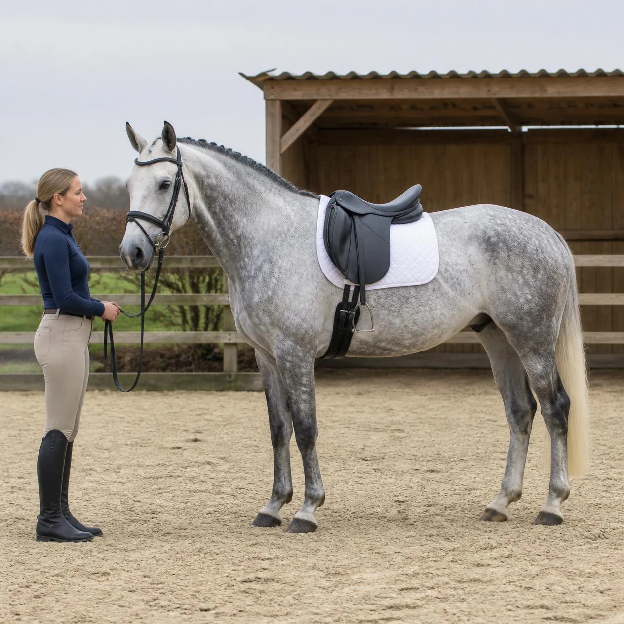 Grey horse standing in profile on a sand arena with a dressage saddle and short girth clearly visible