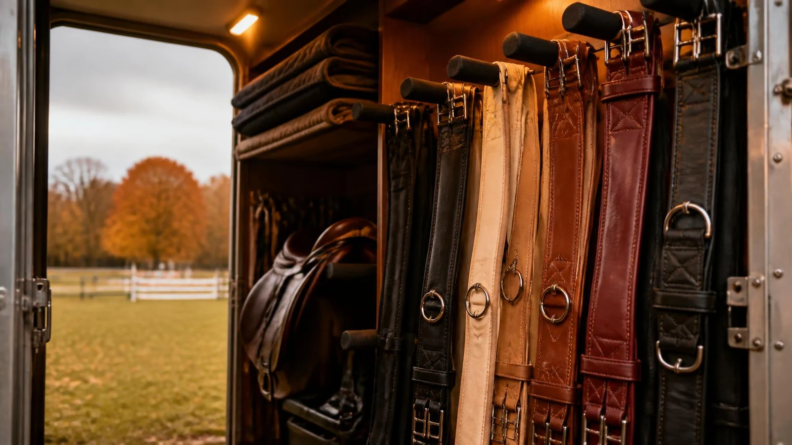 Leather and fabric horse girths in a range of lengths and colours hanging in a trailer tack compartment