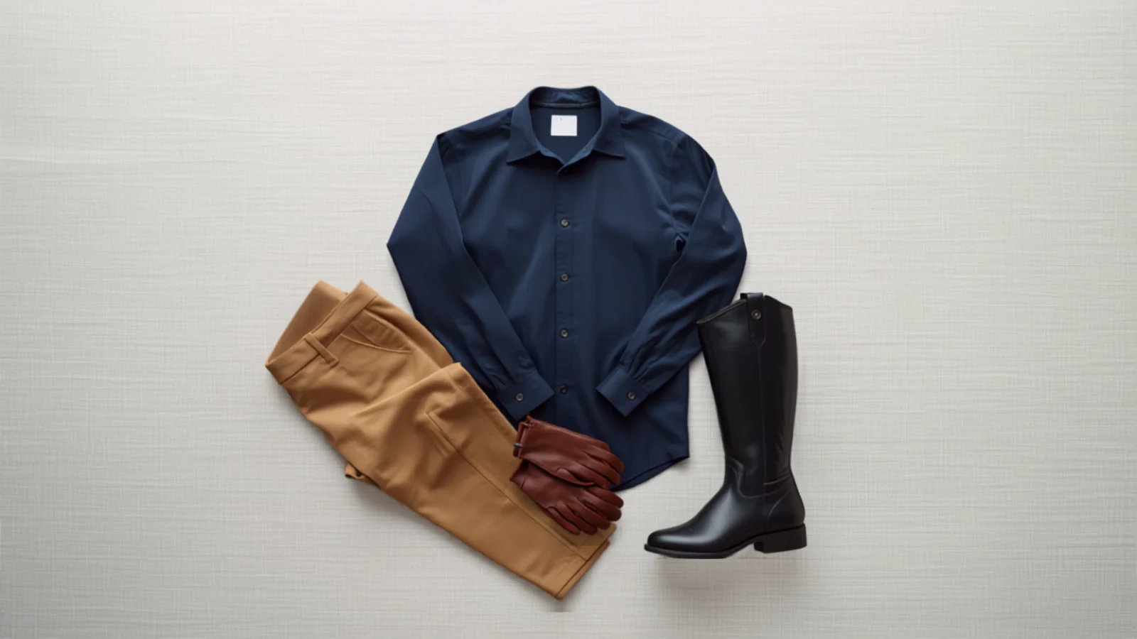 Riding breeches, a show shirt, gloves and a tall boot laid out, illustrating rider apparel terms