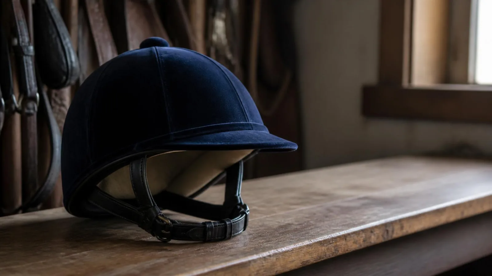 Navy velvet riding helmet resting on a wooden tack room bench with the harness and interior lining visible