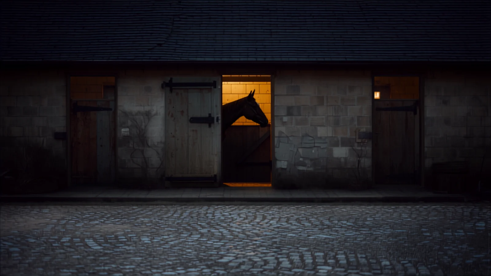 An English stable yard at dusk with a horse looking over a door, illustrating barn and yard terms