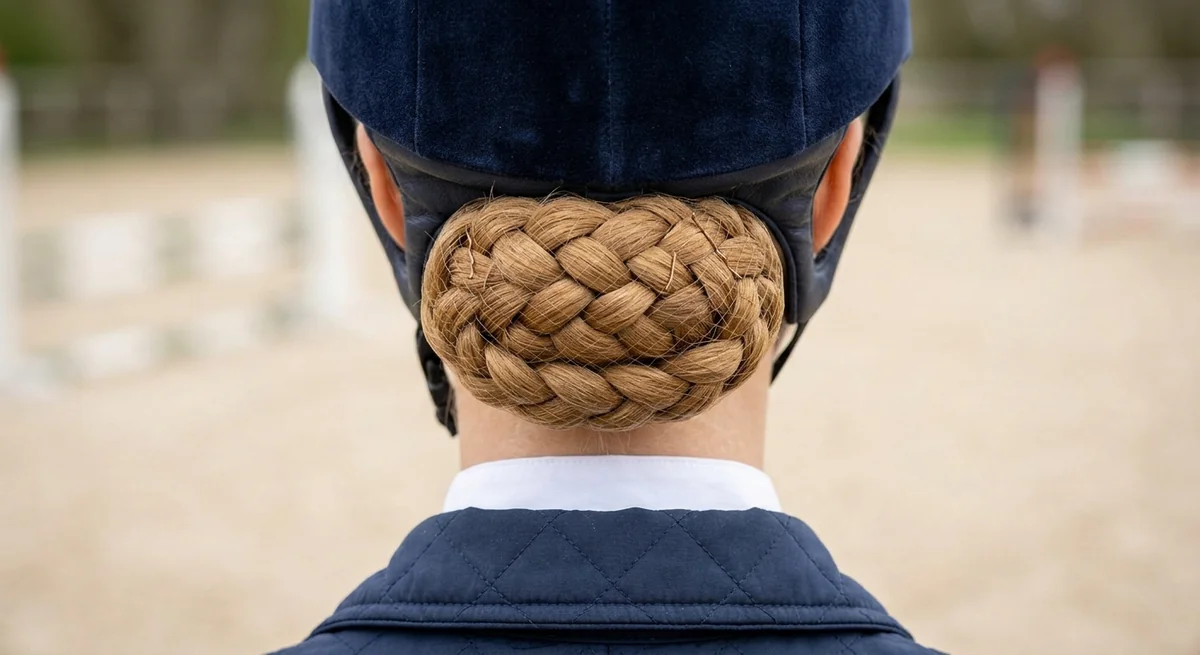 Braided bun under a matching hairnet for dressage, sitting flat below the helmet edge