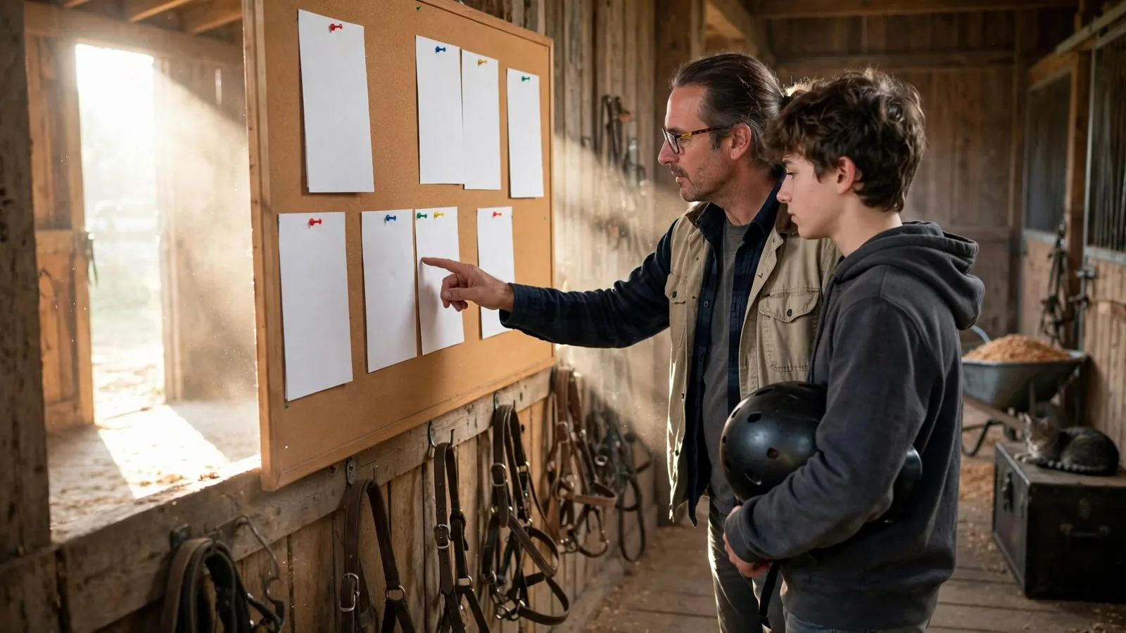 Parent and teenager looking at a corkboard in a barn aisle