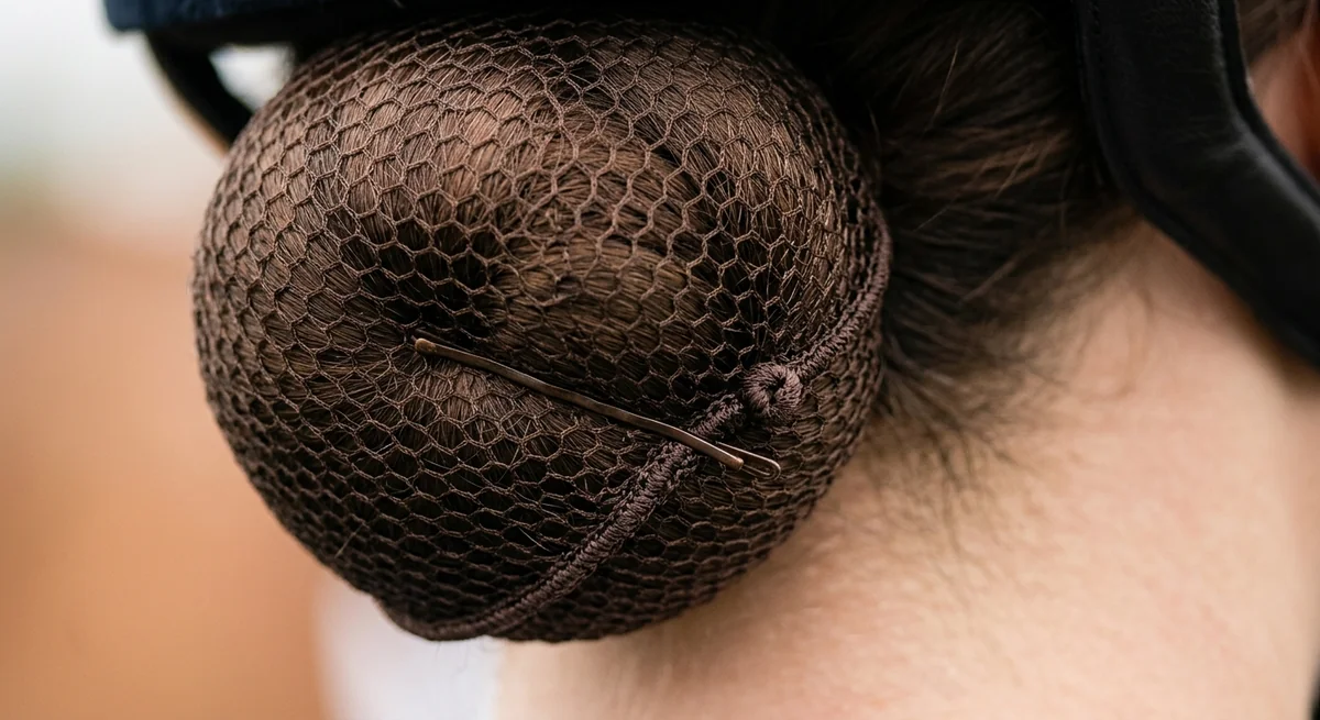 Fine brown hairnet over a low bun with a bobby pin tucking the edge under