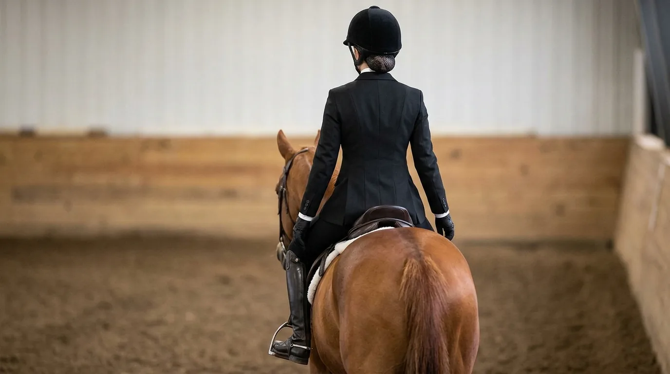 Equitation rider from behind showing correct hunt coat fit, hairnet and stainless stirrup irons