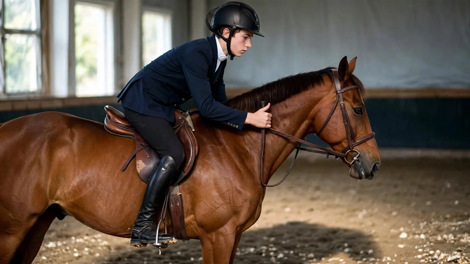 Teenage rider in a navy coat sitting correctly on a chestnut horse in an indoor arena