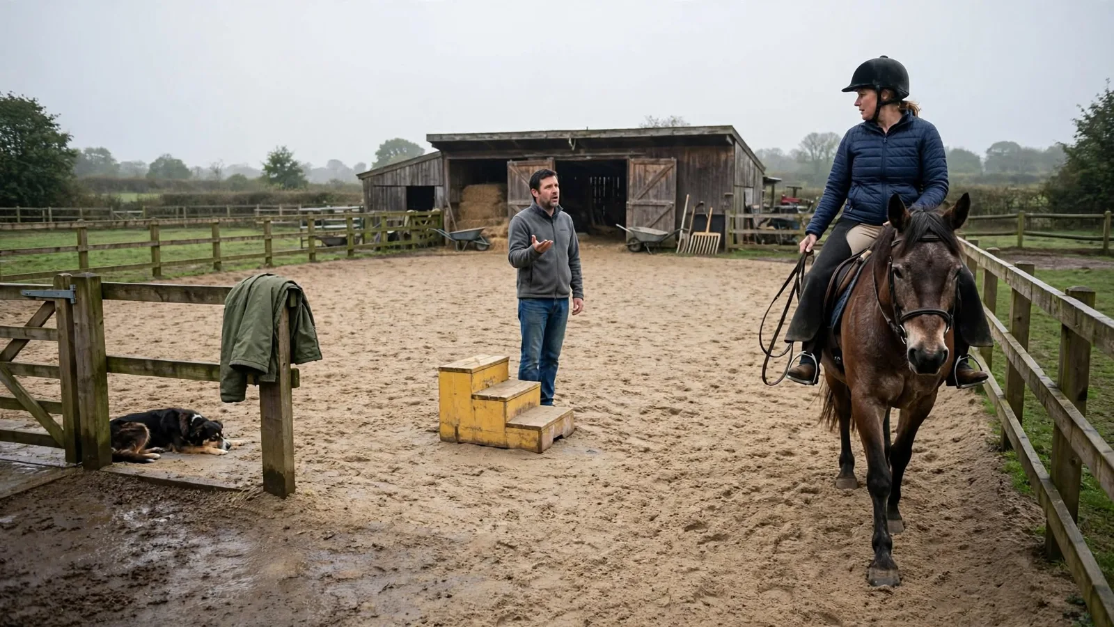 Adult beginner walking a bay horse along the rail while an instructor talks from the centre of the ring