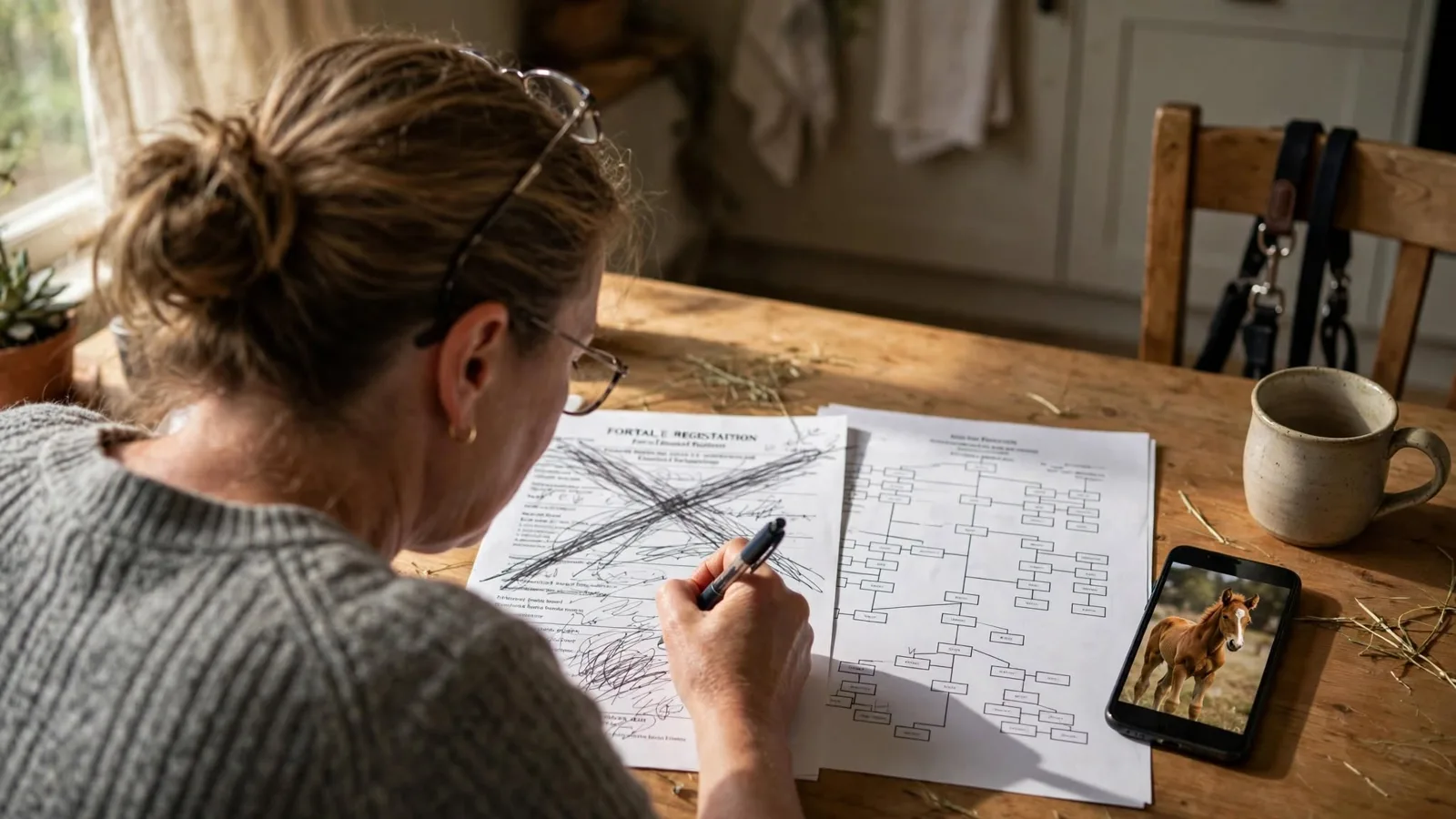 Breeder at a kitchen table with a foal registration form and pedigree chart