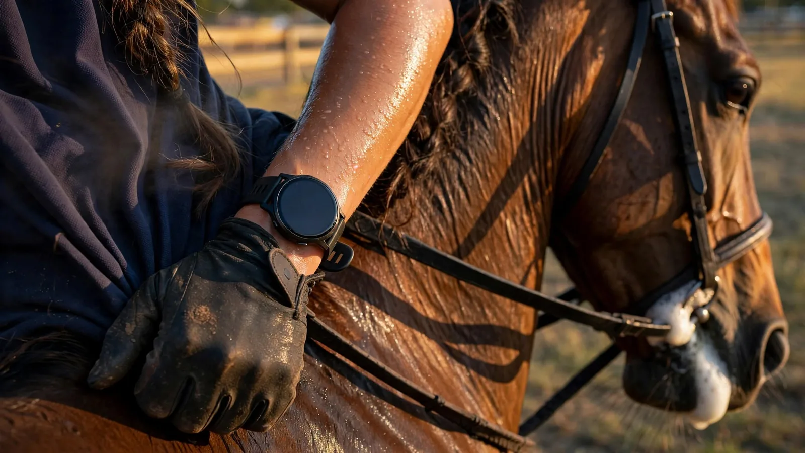 Sports watch on a rider's wrist resting on a sweating horse's withers after a round