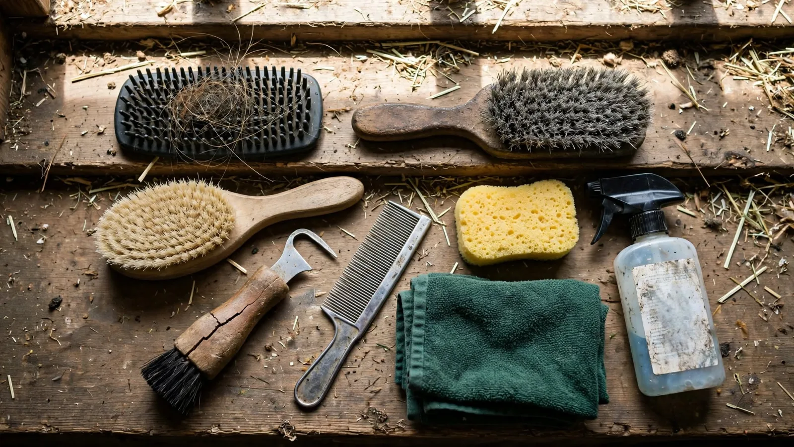 Horse grooming kit laid out on a stall ledge: brushes, hoof pick, comb, sponge and towel