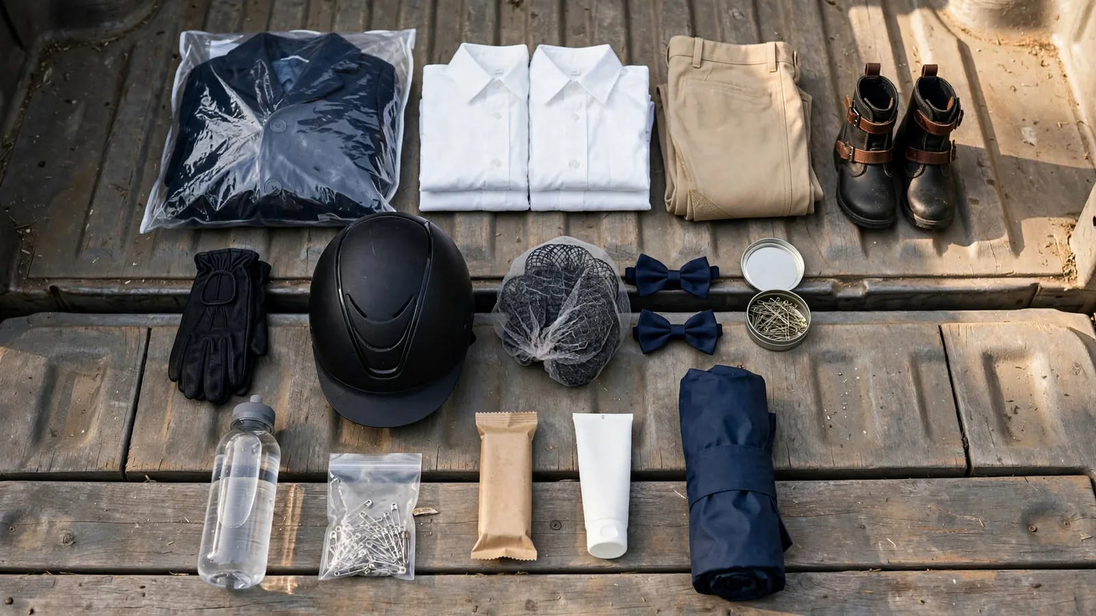 First horse show packing checklist laid out: show coat, shirts, jodhpurs, paddock boots, gloves, helmet, bows and supplies
