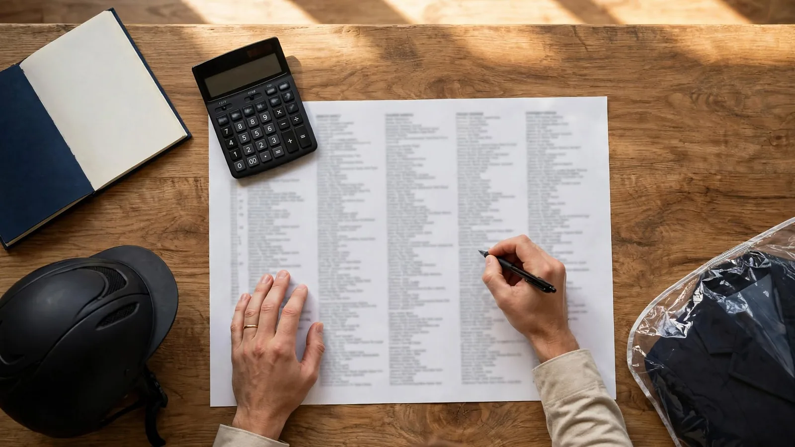 Parent working out horse show costs at a kitchen table with a prize list, calculator and a child's helmet