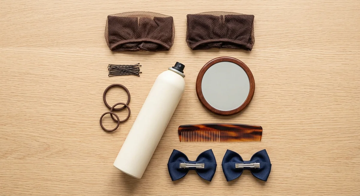 Horse show hair kit with hairnets, pins, elastics, texture spray and matching show bows