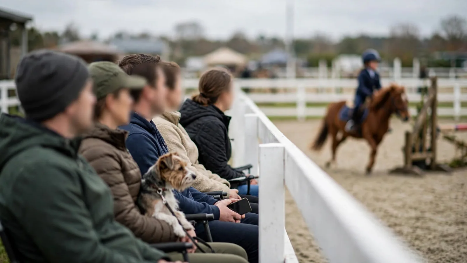 Parents sitting quietly in folding chairs at the arena rail while a child rides in a horse show class