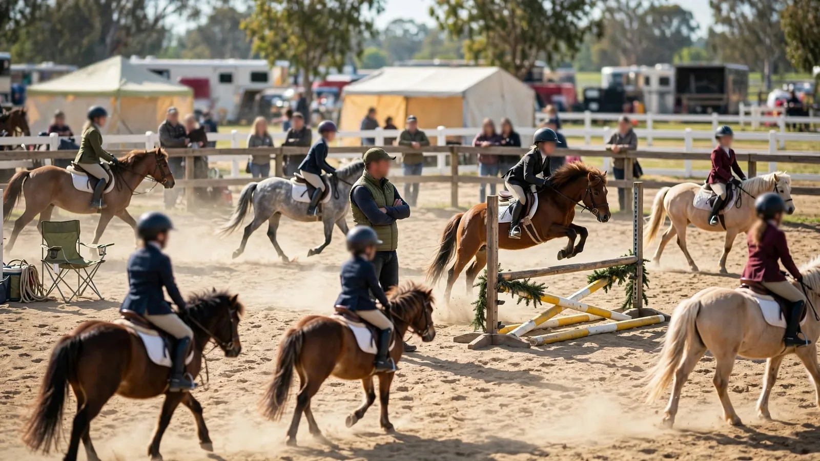 Young riders warming up over a practice fence in a crowded schooling ring while a trainer watches