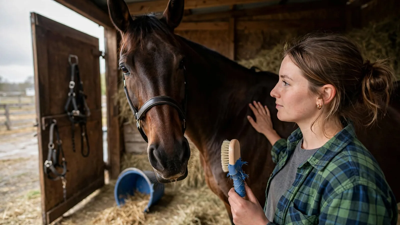 Groom pausing with a soft brush while the horse turns its head toward her