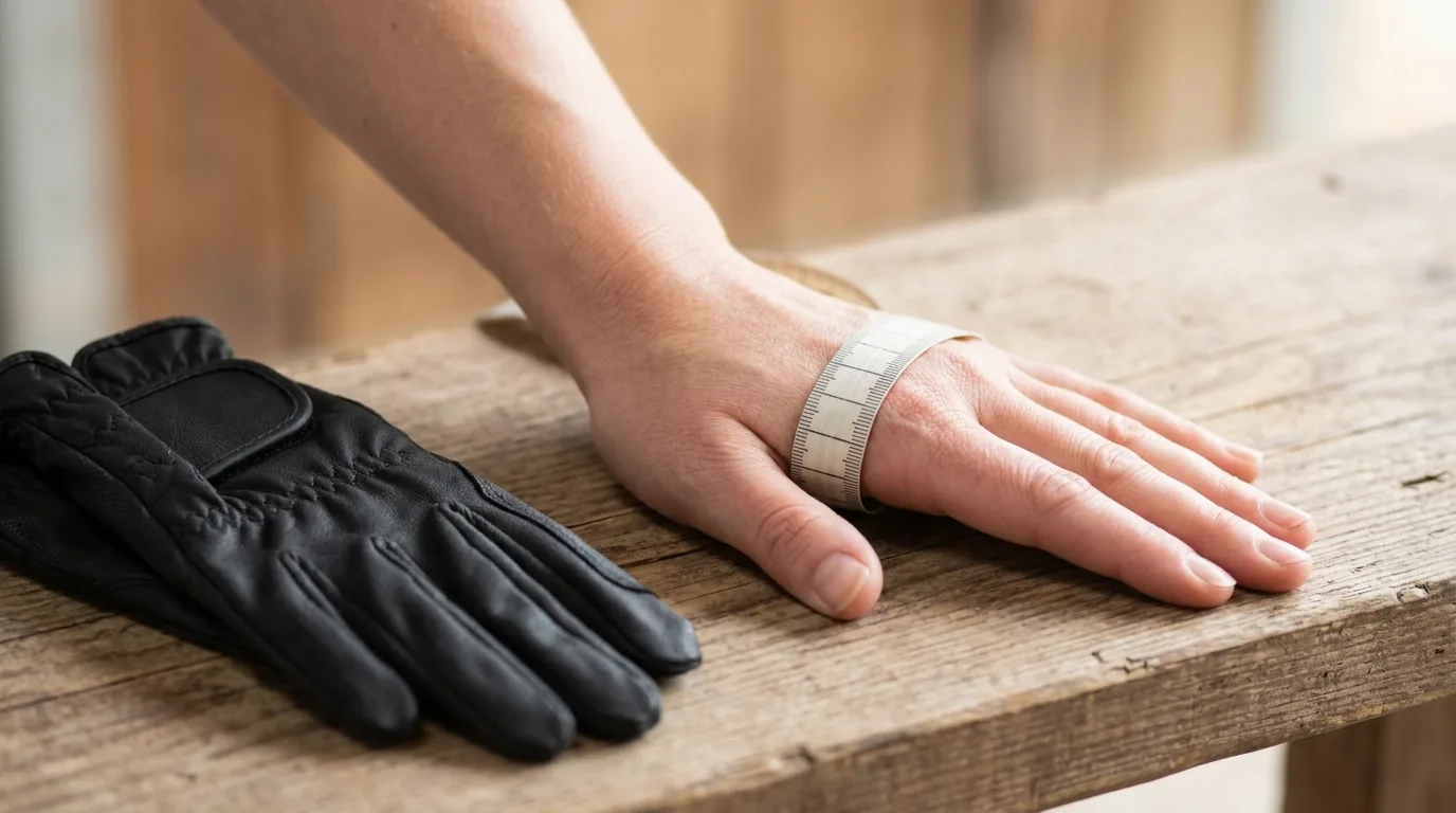 Measuring hand circumference below the knuckles with a tape measure, thumb excluded, to size riding gloves