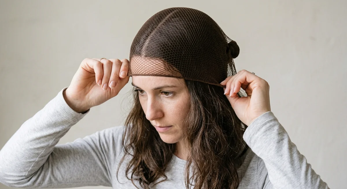 Putting on a knotted equestrian hairnet before flipping the hair up into the helmet