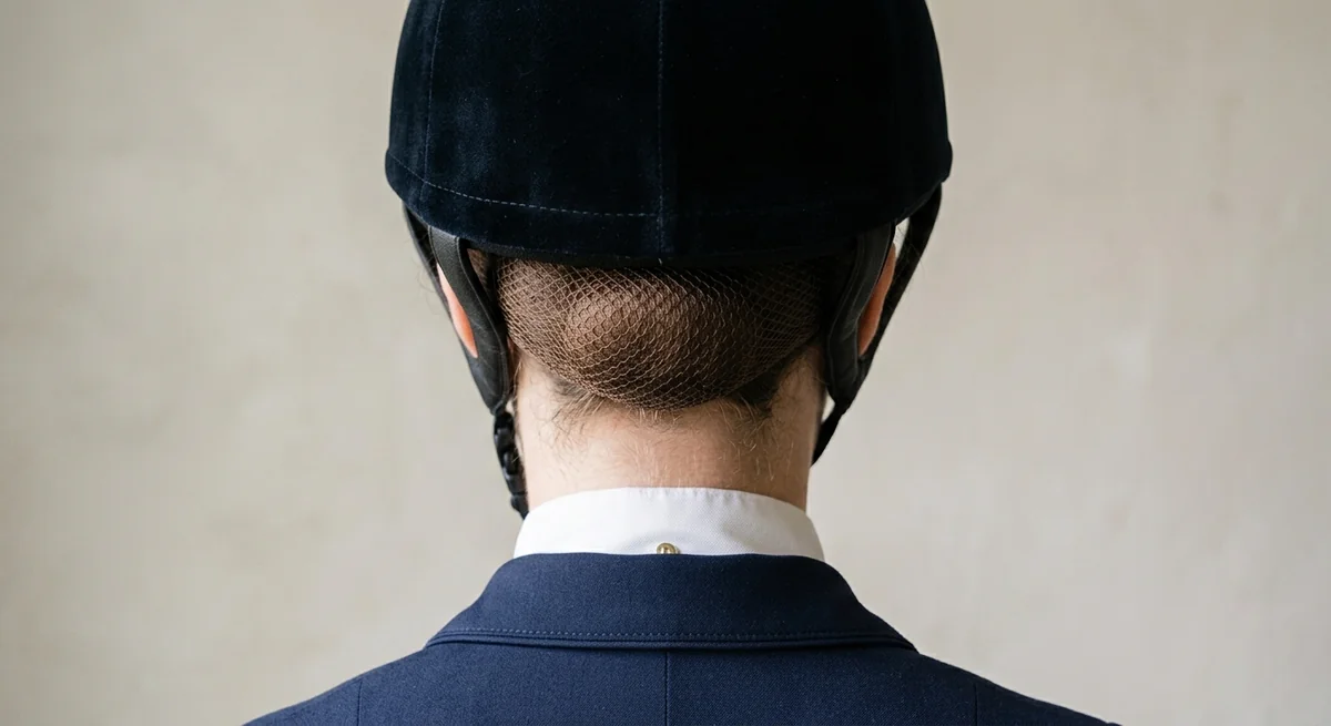Hunter hair with all hair inside the helmet and only a matching hairnet visible at the edge