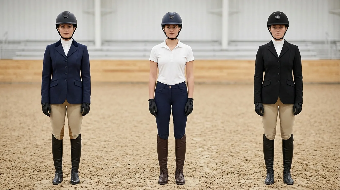 Hunter, jumper and equitation ring attire shown side by side on three riders