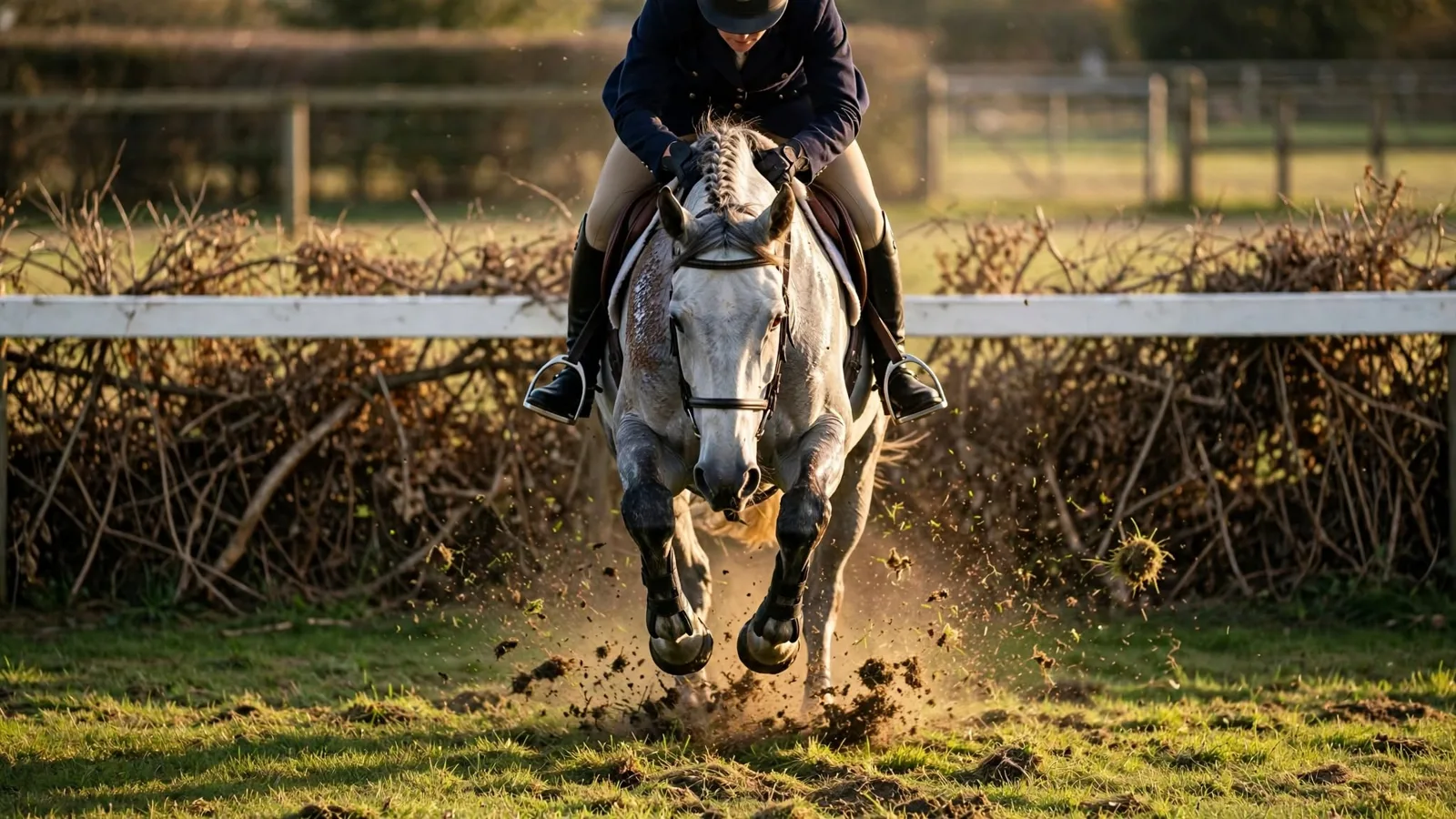 Grey horse landing off a brush fence with knees folded, rider in hunt seat