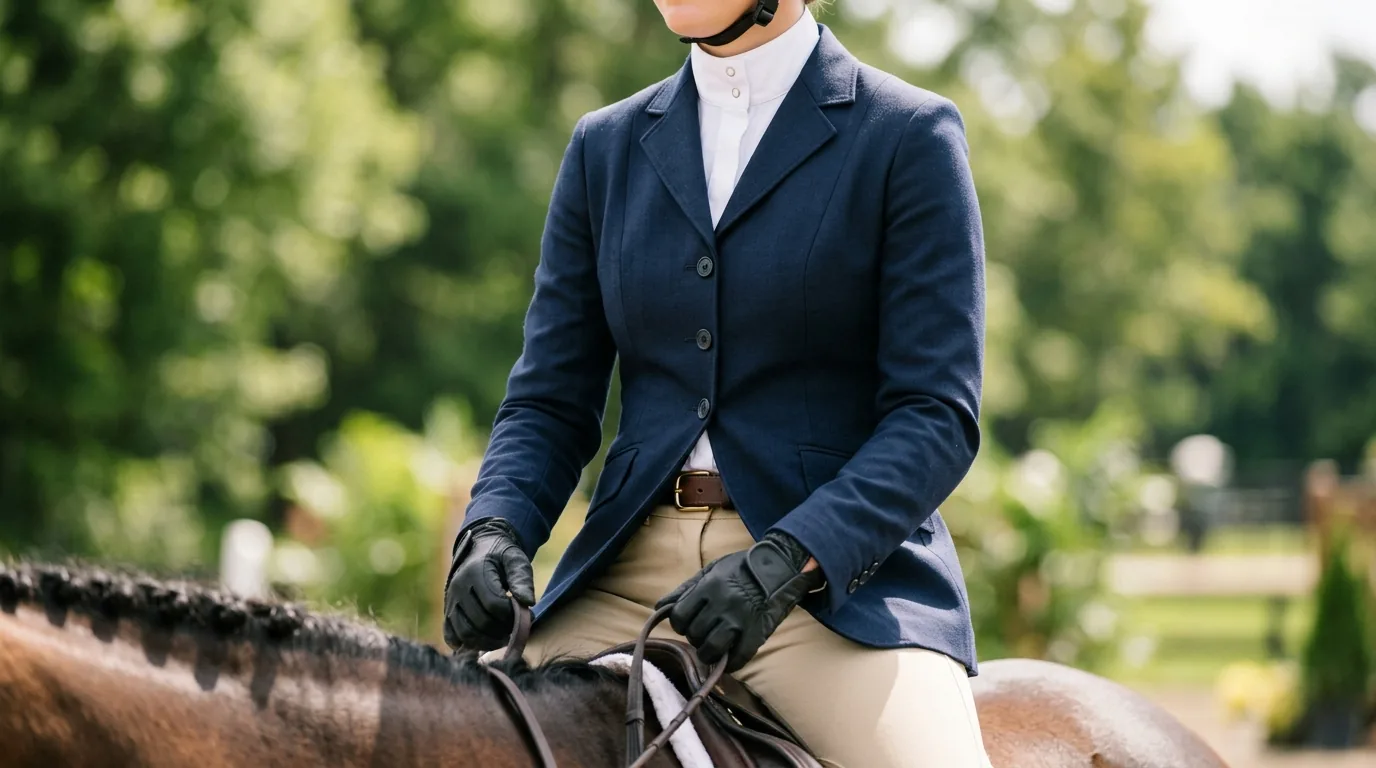 Navy hunt coat, white stand collar show shirt and tan breeches for the hunter ring
