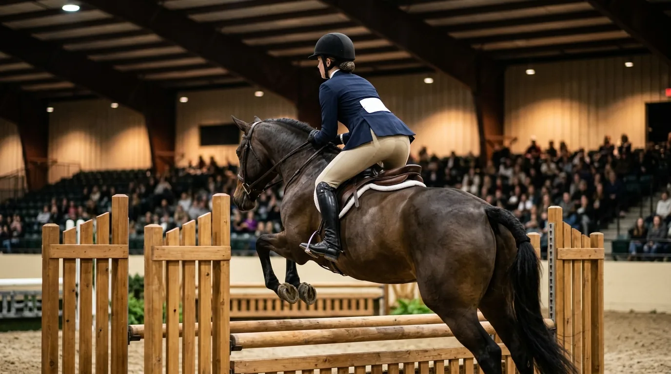 Junior rider in conservative equitation turnout jumping under indoor arena lights at a fall final
