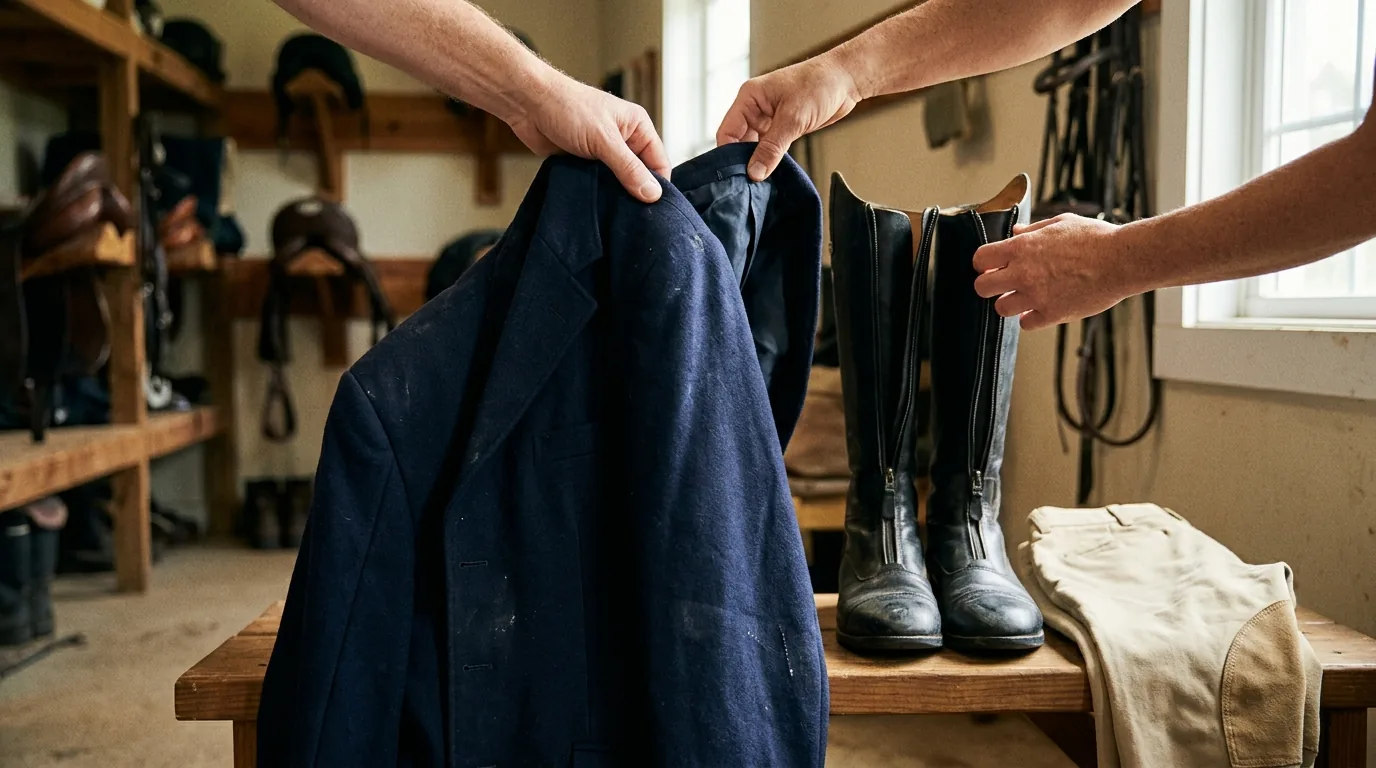 Checking the shoulder seam and lining of a pre-owned hunt coat before buying