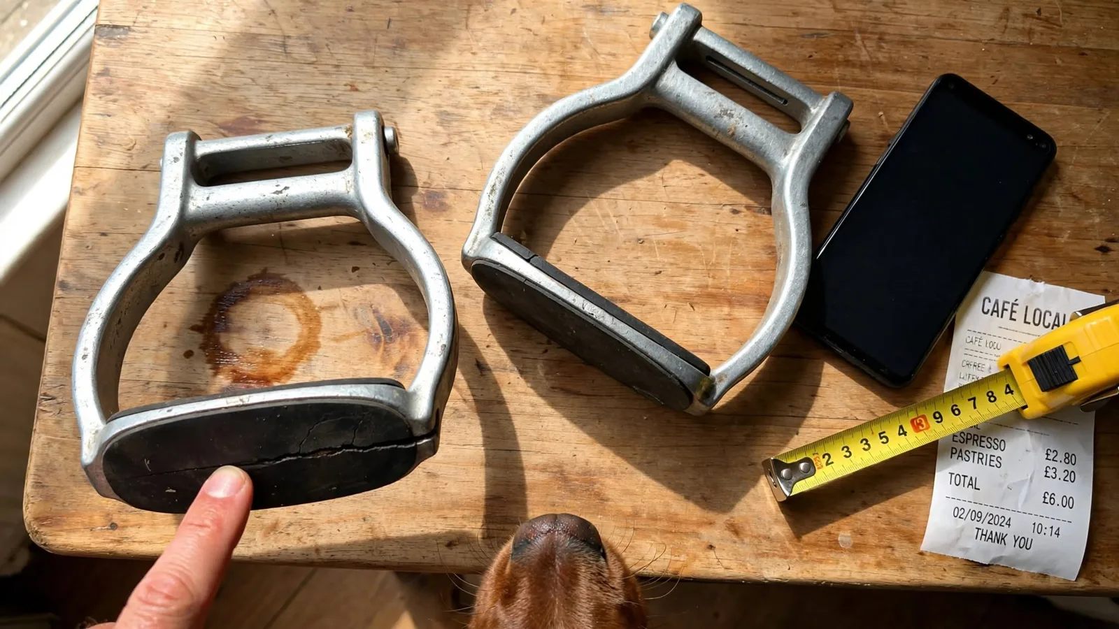 Two used aluminium stirrup irons on a kitchen table with a crack in one tread