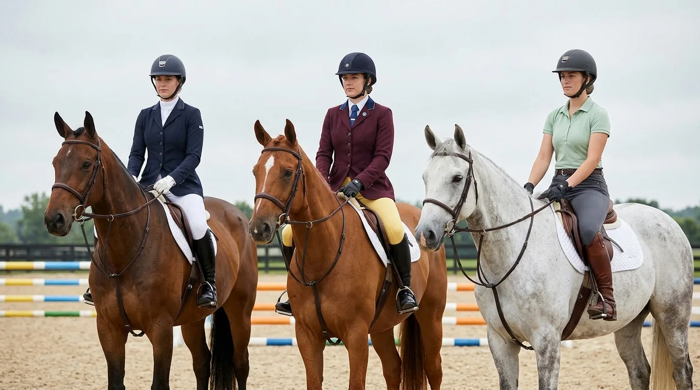 Formal, proper and standard jumper attire tiers shown on three mounted riders