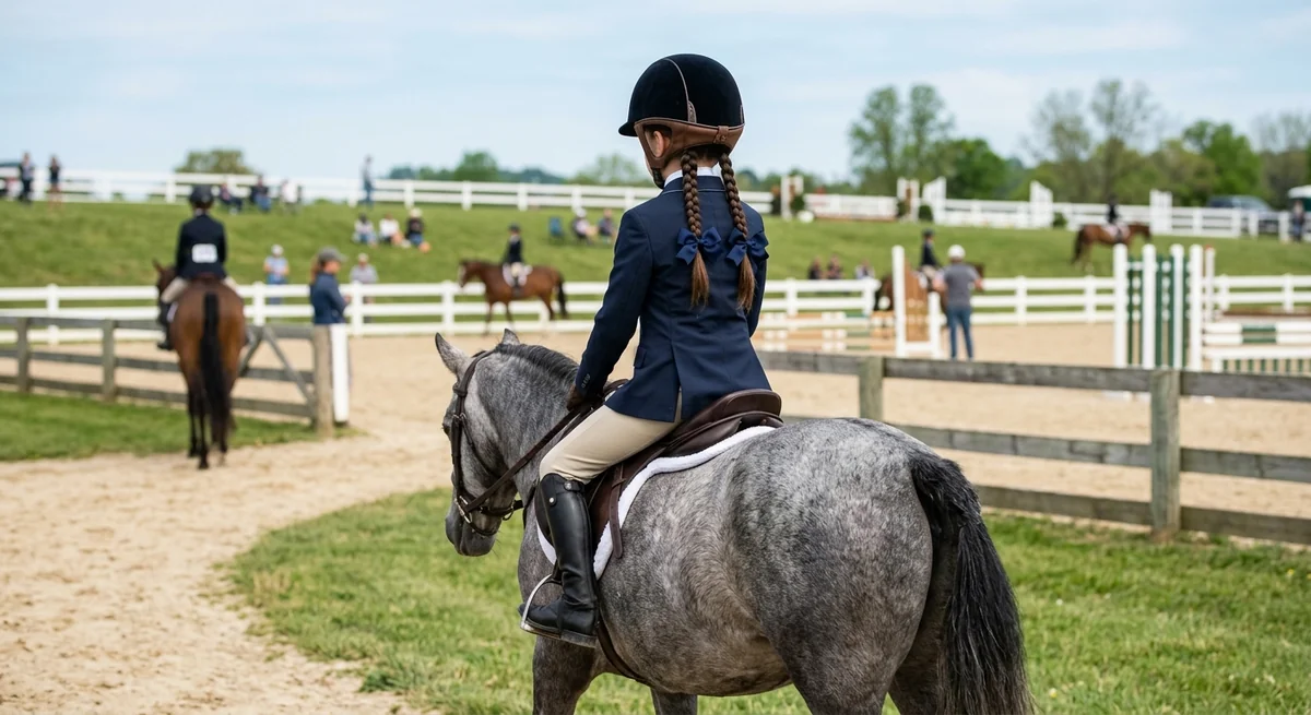 Junior rider with matching navy show bows on two braids in the hunter ring