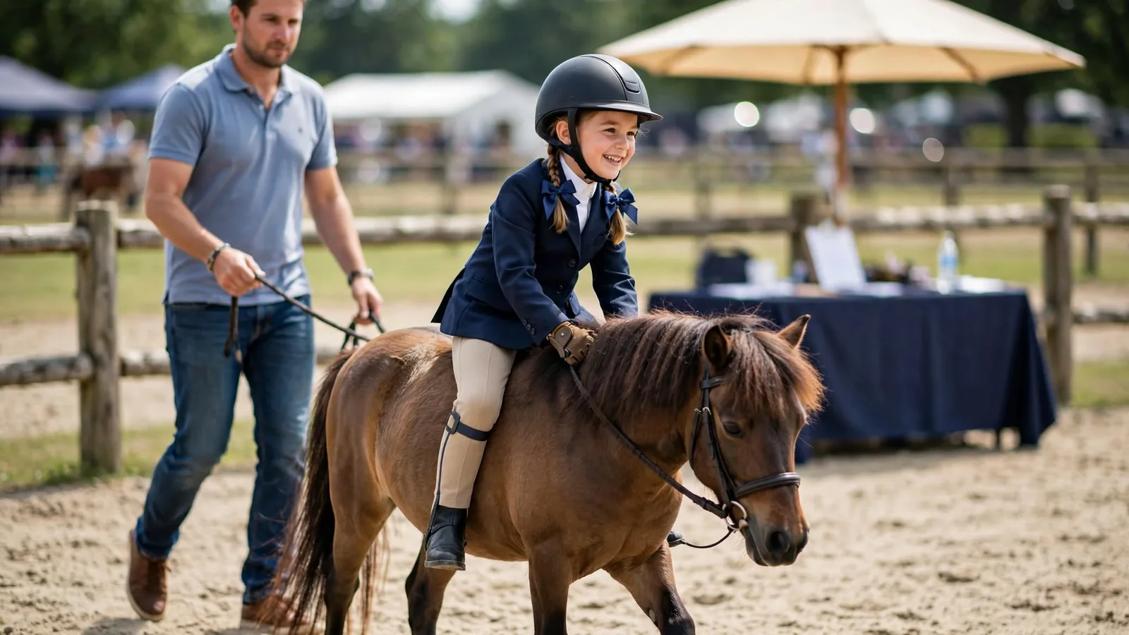 Young child on a bay pony being led in a lead line class at a horse show