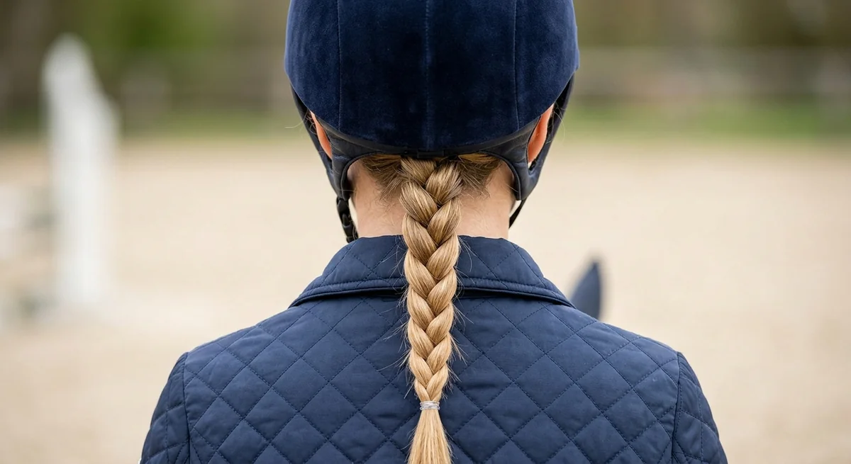 Low braid for schooling, sitting below the back of the riding helmet