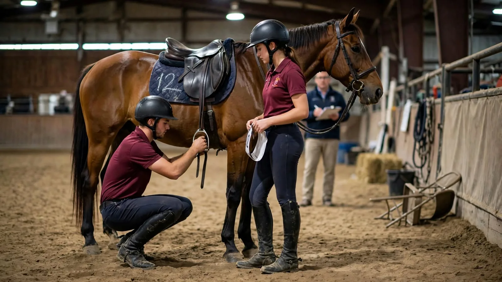 Two college riders in team polos preparing a shared horse in an indoor arena