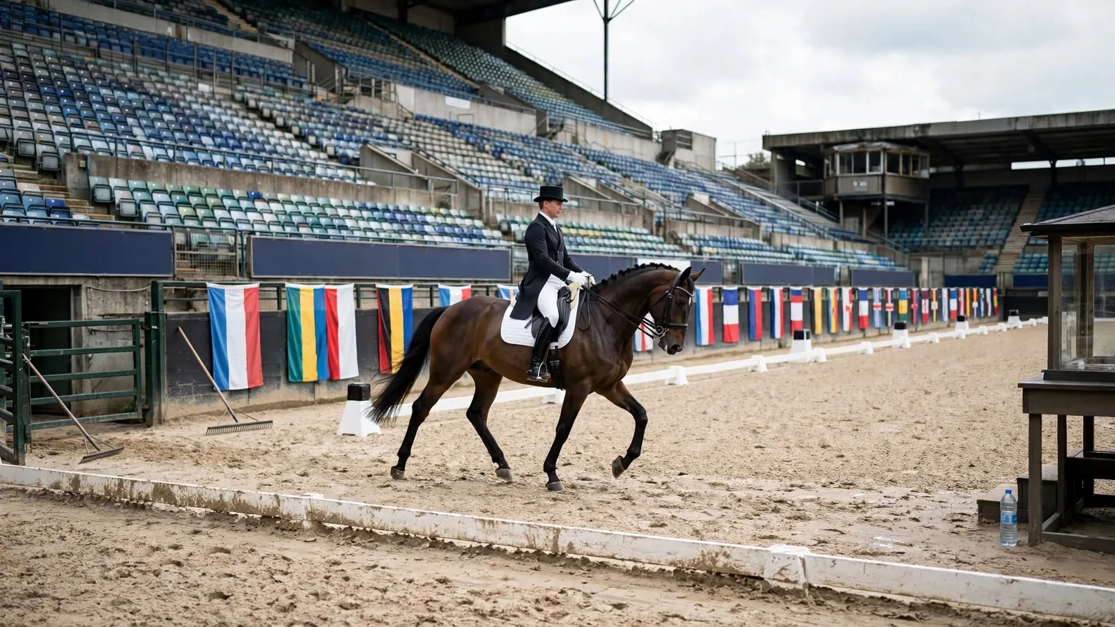 Dressage horse and rider in passage in a stadium with national flags along the rail