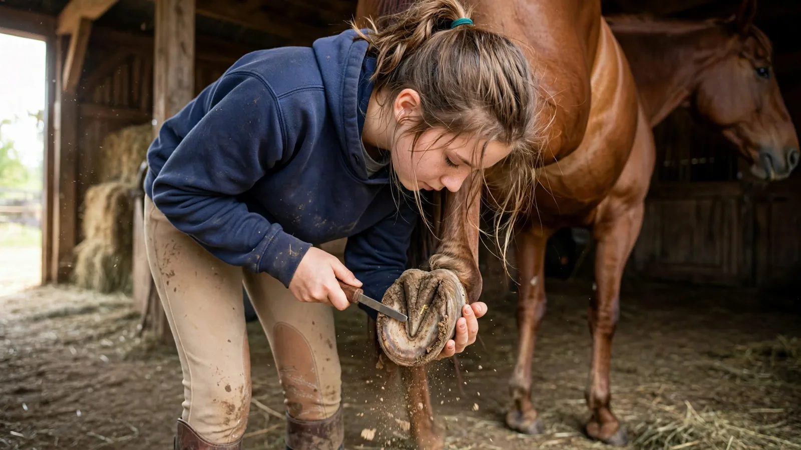 Teenage girl standing at the horse's shoulder facing the tail, picking out a front hoof