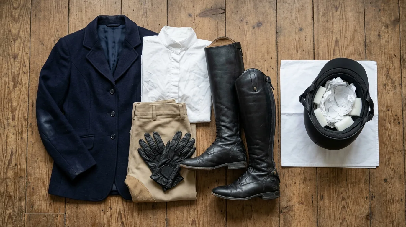 Pre-owned hunt coat, show shirt, breeches, tall boots and gloves laid flat beside a new riding helmet