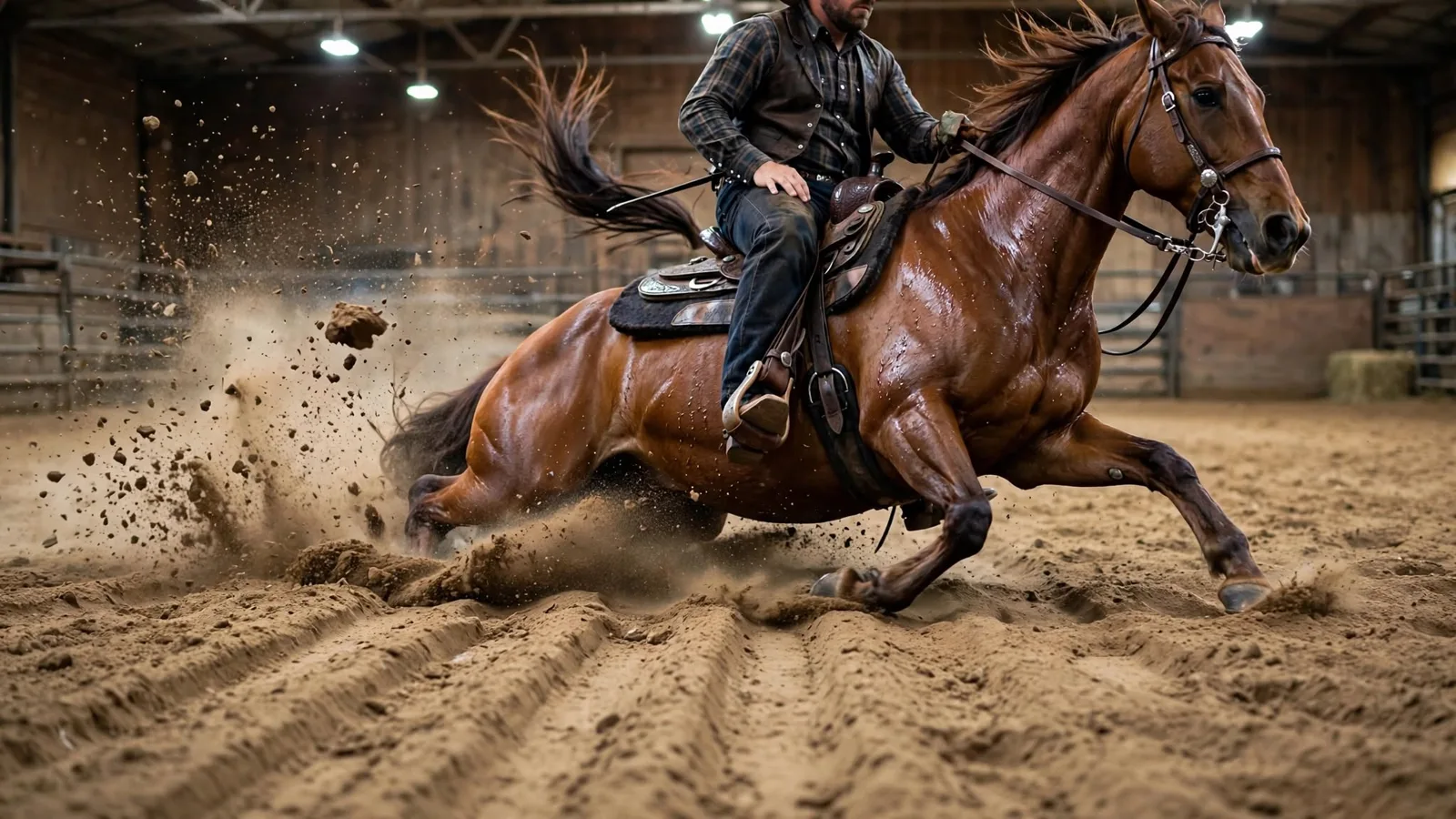 Reining horse in a sliding stop in an indoor arena with dirt spraying forward